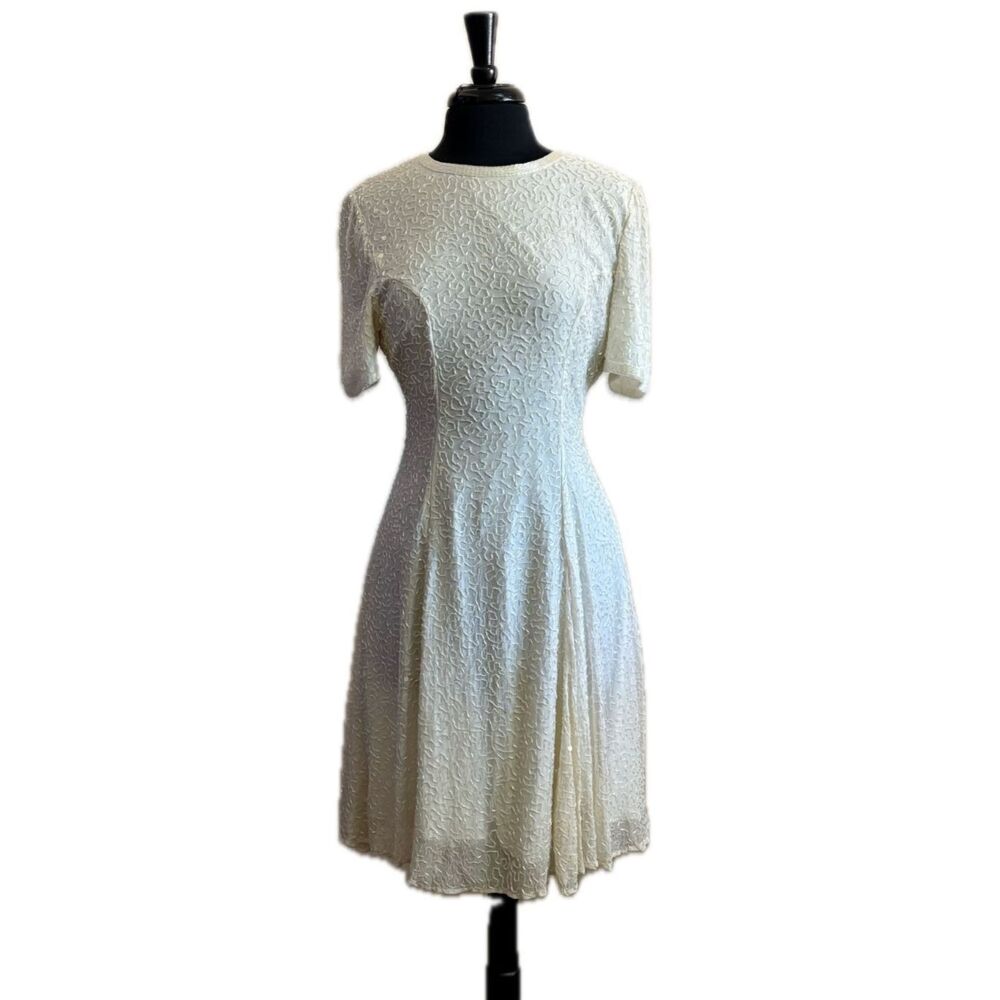 80s Vintage White Beaded A-Line Cocktail Dress Wedding Large